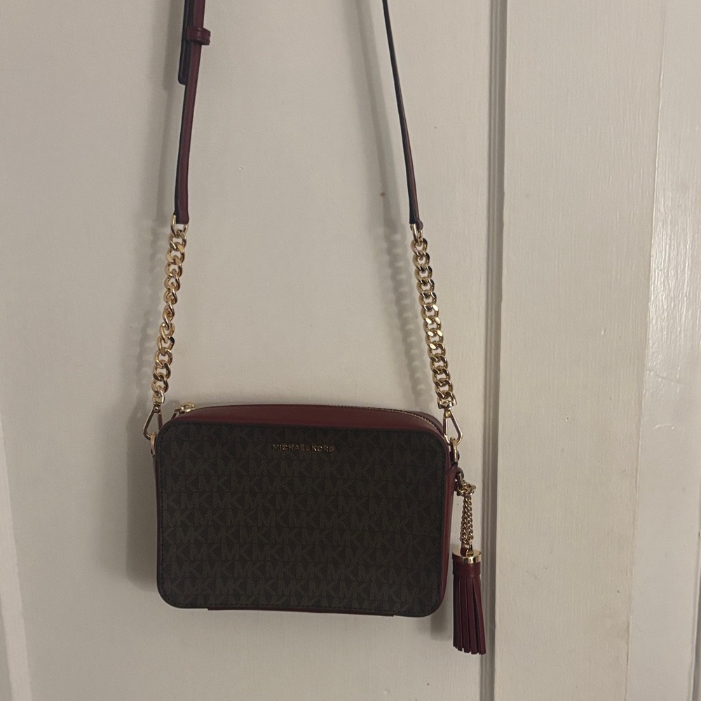 Michael Kors Brown & Burgundy MK Signature Crossbody with Tassel
